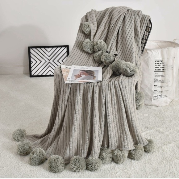 Urban Outfitters Other - Light Grey Pompom Fringe Chic Cozy Soft Throw Blanket/Cover for Dorm/Living Room